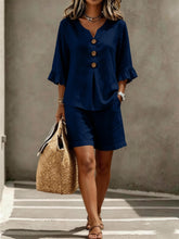 Load image into Gallery viewer, Women's Buttoned V-Neck Ruffle-Trim Top &amp; Shorts Two-Piece Set
