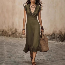 Load image into Gallery viewer, Women's V-Neck Cotton-Linen Flutter-Sleeve Ruffle-Trim Midi Dress
