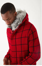 Load image into Gallery viewer, Lagos Red Exclusive Men&#39;s Red Plaid Long Sweaters | Fur Hoodie
