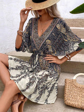 Load image into Gallery viewer, Paisley Print Batwing Sleeve Tassel Tie Front Ruffle Hem Dress
