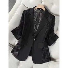 Load image into Gallery viewer, Women's Lace Patchwork Blazer | Three-Quarter Sleeve One-Button Suit Jacket in White &amp; Black
