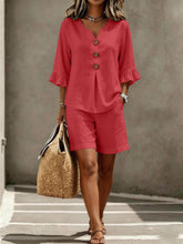 Load image into Gallery viewer, Women's Buttoned V-Neck Ruffle-Trim Top &amp; Shorts Two-Piece Set
