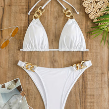 Load image into Gallery viewer, Luxe Chain Link Triangle Halter Bikini Set – Chic V Neck 2 Piece Swimsuit with Lace-Up Tie Back High Stretch Nylon Blend and Sleek Solid Color Finish – Women's Elegant Swimwear for Summer Beach &amp; Pool Style
