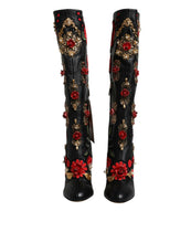 Load image into Gallery viewer, Dolce &amp; Gabbana Black Roses Embellished Leather Heel Boots Shoes
