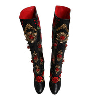 Load image into Gallery viewer, Dolce &amp; Gabbana Black Roses Embellished Leather Heel Boots Shoes
