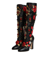 Load image into Gallery viewer, Dolce &amp; Gabbana Black Roses Embellished Leather Heel Boots Shoes
