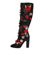 Load image into Gallery viewer, Dolce &amp; Gabbana Black Roses Embellished Leather Heel Boots Shoes
