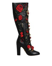 Load image into Gallery viewer, Dolce &amp; Gabbana Black Roses Embellished Leather Heel Boots Shoes
