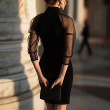 Load image into Gallery viewer, Black High Neck Long Sleeve Sheath Midi Dress – Mesh Overlay Formal Evening Dress
