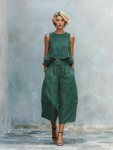Load image into Gallery viewer, Women's Linen-Blend Sleeveless Two Piece Set with Ruffled Detailing
