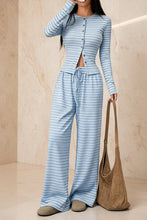 Load image into Gallery viewer, Women's Stripe Fitted Button-Front Crop Top &amp; Drawstring Wide-Leg Pants Set
