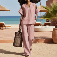 Load image into Gallery viewer, V-Neck Short Sleeve Top &amp; Straight-Leg Pants Set – Ripped Detail, Pockets, Solid Color
