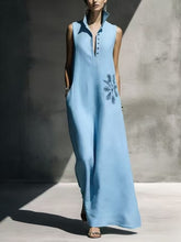 Load image into Gallery viewer, Women's Cotton Linen Mandarin Collar Maxi Dress – Graphic Print with Pockets
