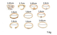 Load image into Gallery viewer, Mandotos Bohemian Star Moon Pearl Leaf 10-Piece Ring Set With Gold Finish And Stackable Designs
