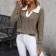 Load image into Gallery viewer, 🧶 Women’s Lapel V-Neck Color-Block Long-Sleeve Pullover Sweater
