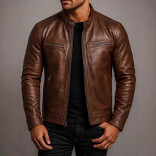 Load image into Gallery viewer, Mens PU Leather Motorcycle Jacket With A Stand-Up Collar
