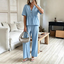 Load image into Gallery viewer, Women's V-Neck Loose Short-Sleeve Top &amp; Wide-Leg Pants Set
