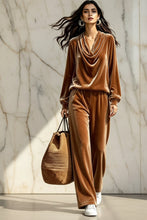 Load image into Gallery viewer, Women's Gold Velvet Cowl Neck Drop-Shoulder Top &amp; Wide-Leg Pants Set – 8 Colors

