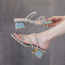 Load image into Gallery viewer, Women's Korean Style Rhinestone Single Strap Slide Sandals – Mid Chunky Heel
