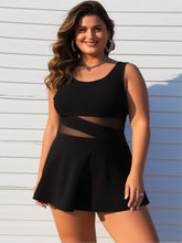 Load image into Gallery viewer, Women's Plus Size Swimdress — Black Mesh Cutout Waist &amp; Flared Skirt
