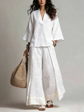 Load image into Gallery viewer, Women's Cotton-Linen V-Neck 3/4 Sleeve Shirt &amp; Wide-Leg Pants Set
