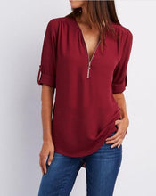Load image into Gallery viewer, Women's Short-Sleeve Zip V-Neck Loose Top
