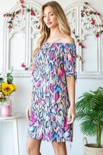 Load image into Gallery viewer, Full Size Off Shoulder Snake Mini Summer Dress – Bold Snake Print Dress, Fluttering Trendy Off Shoulder Dress, Edgy Snake Mini Dress, Statement Mini Dress, Chic Off Shoulder Dress, Sexy Snake Print Dress, Fashion Forward Mini Dress
