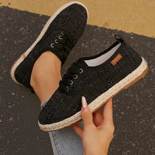 Load image into Gallery viewer, Tweed Lace-Up Round Toe Flat Sneakers – Canvas PU Casual
