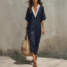 Load image into Gallery viewer, Women's V-Neck Loose Cropped-Sleeve Linen Midi Dress with Pockets
