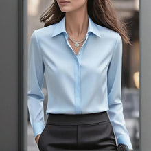 Load image into Gallery viewer, Loose Fit Satin Blouse — V-Neck Long Sleeve Tunic Top for Office &amp; Casual Wear
