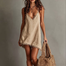 Load image into Gallery viewer, Women's V-Neck Slip Mini Dress – Fringe Trim Sleeveless Streetwear
