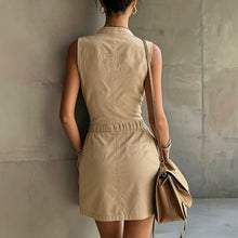 Load image into Gallery viewer, Khaki Sleeveless Workwear Maxi Dress – Stand Collar Zipper Long Dress
