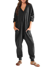 Load image into Gallery viewer, Women’s V-Neck Long Sleeve Solid Color Loose Jumpsuit With Two Side Pockets

