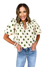 Load image into Gallery viewer, Black Polka Dot Print Smocked Notched Neck Balloon Sleeve Blouse
