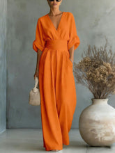 Load image into Gallery viewer, Women's V-Neck Wide-Leg Jumpsuit – High Waist Pleated Elegant
