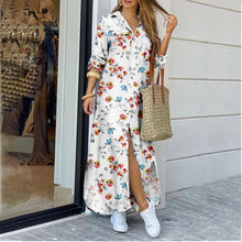Load image into Gallery viewer, Women's Lapel-Collar Long Shirt Dress – Floral Print Midi Relaxed Fit
