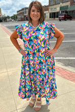 Load image into Gallery viewer, Blue Abstract Print Ruffle Sleeve Plus Size Tiered Maxi Dress
