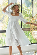 Load image into Gallery viewer, New Summer Dot Flounce Sleeve Smocked Tiered Midi Dress – Fluttering, Charming Swiss Dot Dress with Flounce Sleeves, Smocked Waist, and Tiered Design
