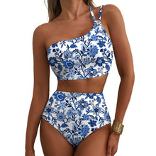 Load image into Gallery viewer, One-Shoulder Floral High-Waisted Bikini Set – Belly-Cinching Two-Piece Swimsuit
