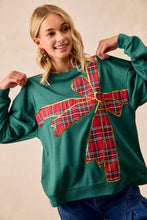 Load image into Gallery viewer, BiBi Plaid Ribbon Bow Detail Christmas Fleece Pullover
