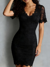 Load image into Gallery viewer, V-Neck Lace Bodycon Pencil Dress – Fitted Slimming Midi Dress
