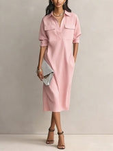 Load image into Gallery viewer, Women's Solid Color Pleated A-Line Midi Dress | Elegant Office Casual Shirt Collar Dress
