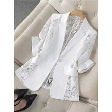 Load image into Gallery viewer, Women's Lace Patchwork Blazer | Three-Quarter Sleeve One-Button Suit Jacket in White &amp; Black
