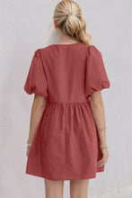 Load image into Gallery viewer, Elegant Ruched Puff Sleeve Mini Dress Vintage Bow Detail Cute Short Dress for Women
