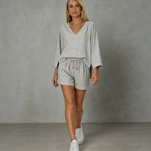 Load image into Gallery viewer, Women's Loose V-Neck Long Sleeve Striped Shorts Set – Casual Leisure
