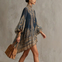 Load image into Gallery viewer, Navy Blue Printed Puff Sleeve Stand Collar Dress – Loose Boho Asymmetric Hem Dress for Women
