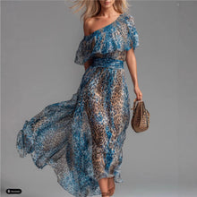 Load image into Gallery viewer, Women's Leopard Print Asymmetrical Shoulder Maxi Dress | Ruffle Waist-Cinching Boho Dress
