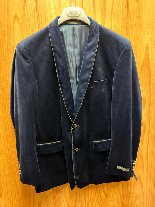 Maenza Navy Blue Velvet with Gold Trimming Shawl Collar 2-Button Classic Fit Blazer