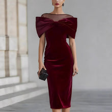 Load image into Gallery viewer, One-Shoulder Velvet Gold Thread Dress – Elegant Midi Dress in Black &amp; Red
