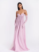 Load image into Gallery viewer, Wallie Pink Rhinestone Embellished Mesh Backless Gown
